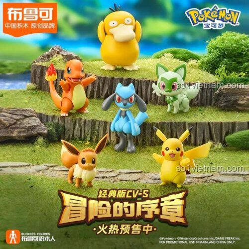Bộ đồ chơi 布鲁可BLOKEES 74001 với mô hình Pikachu và các nhân vật Pokémon khác, phù hợp cho bé 6 tuổi