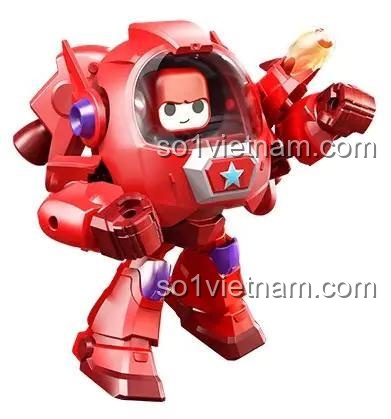 Robot siêu nhân Bobo màu đỏ đang trong tư thế chiến đấu, tay cầm vũ khí phát sáng, phi thuyền trên lưng, phù hợp cho bé trai 4 tuổi, đồ chơi lắp ráp sáng tạo, chất liệu nhựa ABS cao cấp, giá tốt
