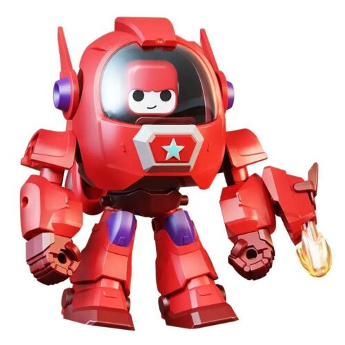 Mô hình robot siêu nhân Bobo màu đỏ, có phi thuyền trên lưng, tay cầm vũ khí phát sáng, kích thước 15x10x15cm, phù hợp cho bé trai 4 tuổi, đồ chơi lắp ráp sáng tạo, chất liệu nhựa ABS cao cấp, giá tốt