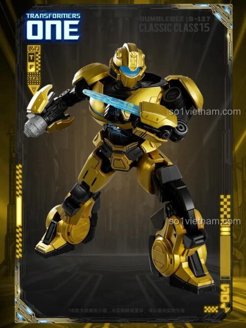 Robot Bumblebee B-127 phiên bản Transformer ONE, màu vàng óng ánh, cầm vũ khí ánh sáng xanh, là đồ chơi mô hình Transformer cho bé trai 12 tuổi, giá tốt, chất lượng cao, tương thích LEGO®