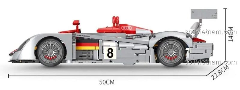 Kích thước chi tiết của đồ chơi lắp ráp Audi R8 chiến thắng Le Mans 2000 mã YC-23044, dài 50cm, cao 14cm.