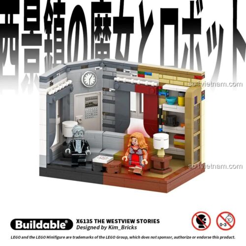 Cận cảnh bộ lắp ghép The Westview Stories X6135 Buildale với minifigure Wanda và Vision, tái hiện cảnh phim Marvel WandaVision