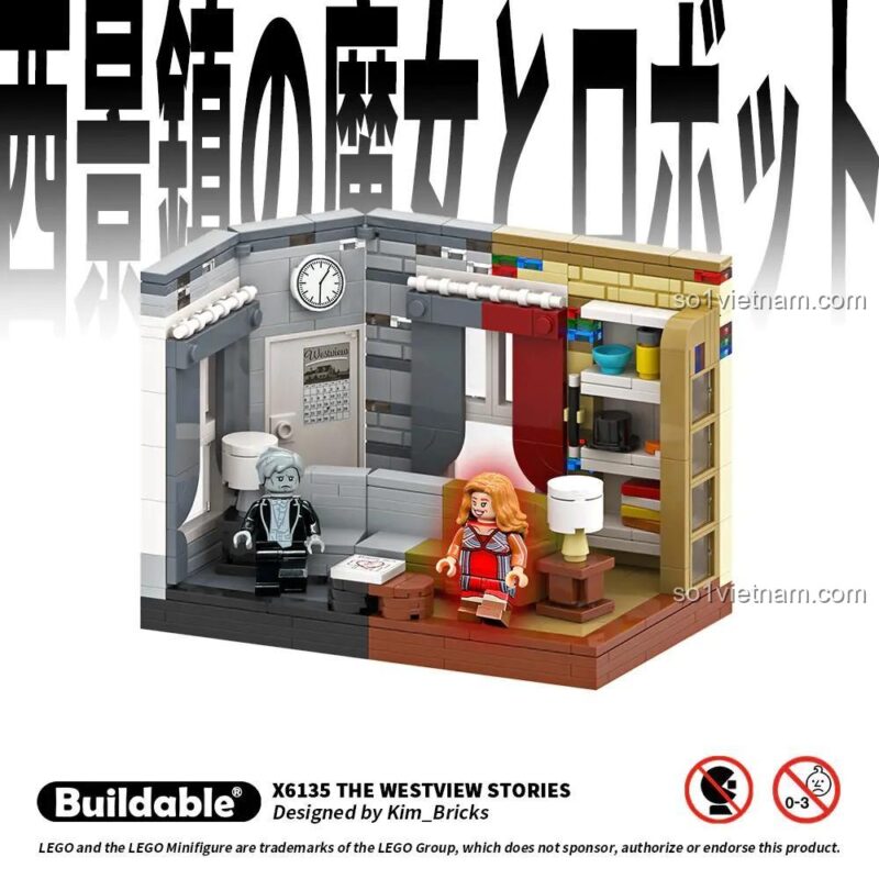 Cận cảnh bộ lắp ghép The Westview Stories X6135 Buildale với minifigure Wanda và Vision, tái hiện cảnh phim Marvel WandaVision