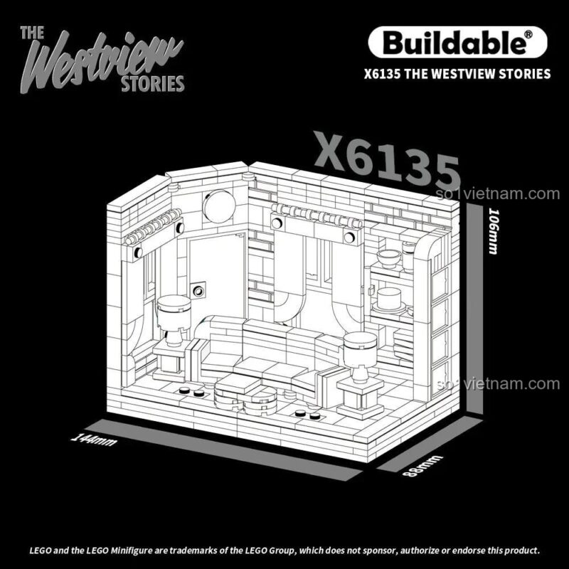 Bản vẽ kỹ thuật bộ lắp ghép The Westview Stories X6135 Buildale thể hiện kích thước mô hình 14.4 x 8.8 x 10.6 cm