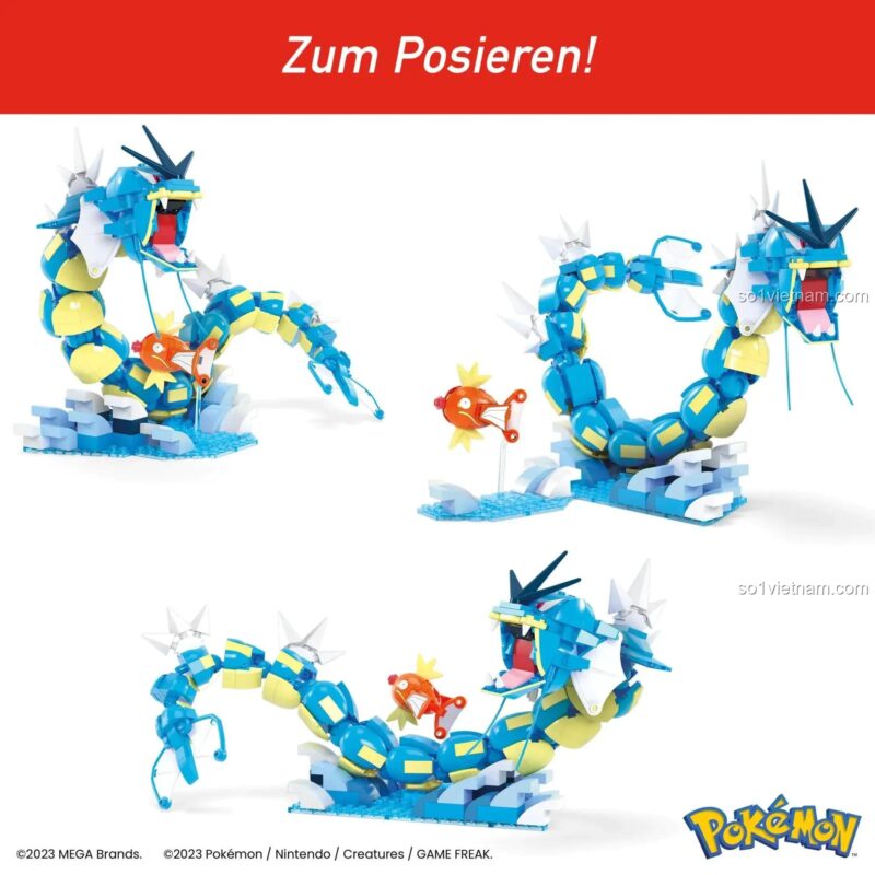 Các tư thế của mô hình Gyarados từ bộ lắp ghép Mega Bloks HNT95 Pokemon, đồ chơi cho bé 8 tuổi