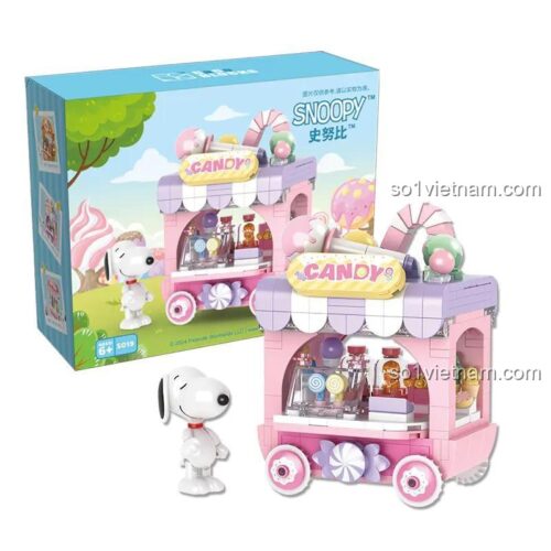 Hộp bộ lắp ghép xe bán hàng kẹo Snoopy CACO S019, mô hình xe kẹo Snoopy dễ thương cho bé gái 6 tuổi, 331 mảnh