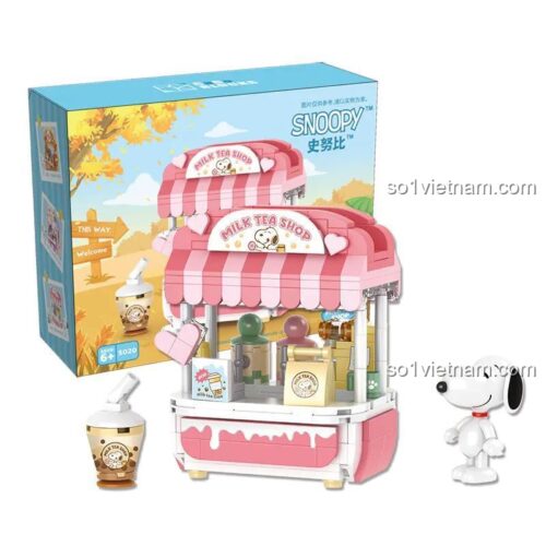 Hộp sản phẩm bộ lắp ghép tiệm trà sữa Snoopy S020 CACO, đồ chơi sáng tạo cho bé gái 6 tuổi, 336 mảnh, màu hồng trắng vàng
