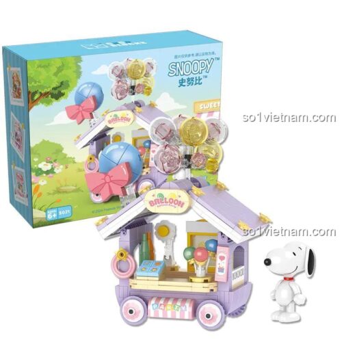Hộp sản phẩm Cửa hàng Bong bóng Snoopy CACO S021, bộ lắp ghép Snoopy 340 chi tiết, đồ chơi xếp hình Snoopy cho bé gái 6 tuổi