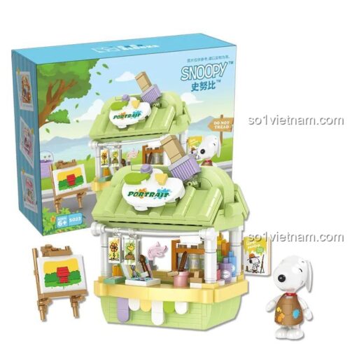 Hộp sản phẩm Snoopy Tiệm Vẽ Chân Dung CACO S023, bộ lắp ghép 376 mảnh cho bé 6 tuổi