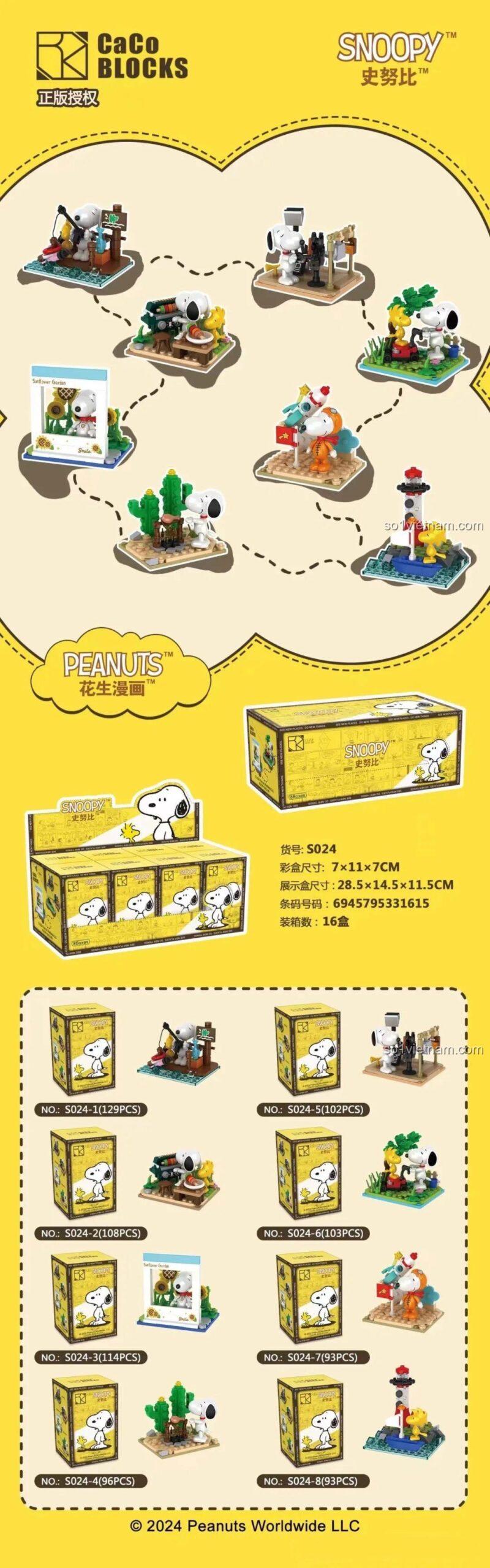 Bộ lắp ghép Snoopy 8 mẫu CACO S024, mô hình Snoopy và bạn bè, đồ chơi xếp hình cho bé 6 tuổi, quà tặng ý nghĩa