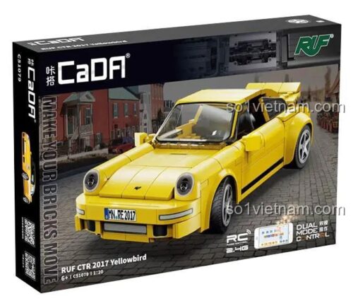Ảnh chụp chính diện bộ lắp ráp Siêu xe RUF CTR 2017 C51079 của CaDA, màu vàng nổi bật, dành cho bé trai 6 tuổi, giá rẻ.