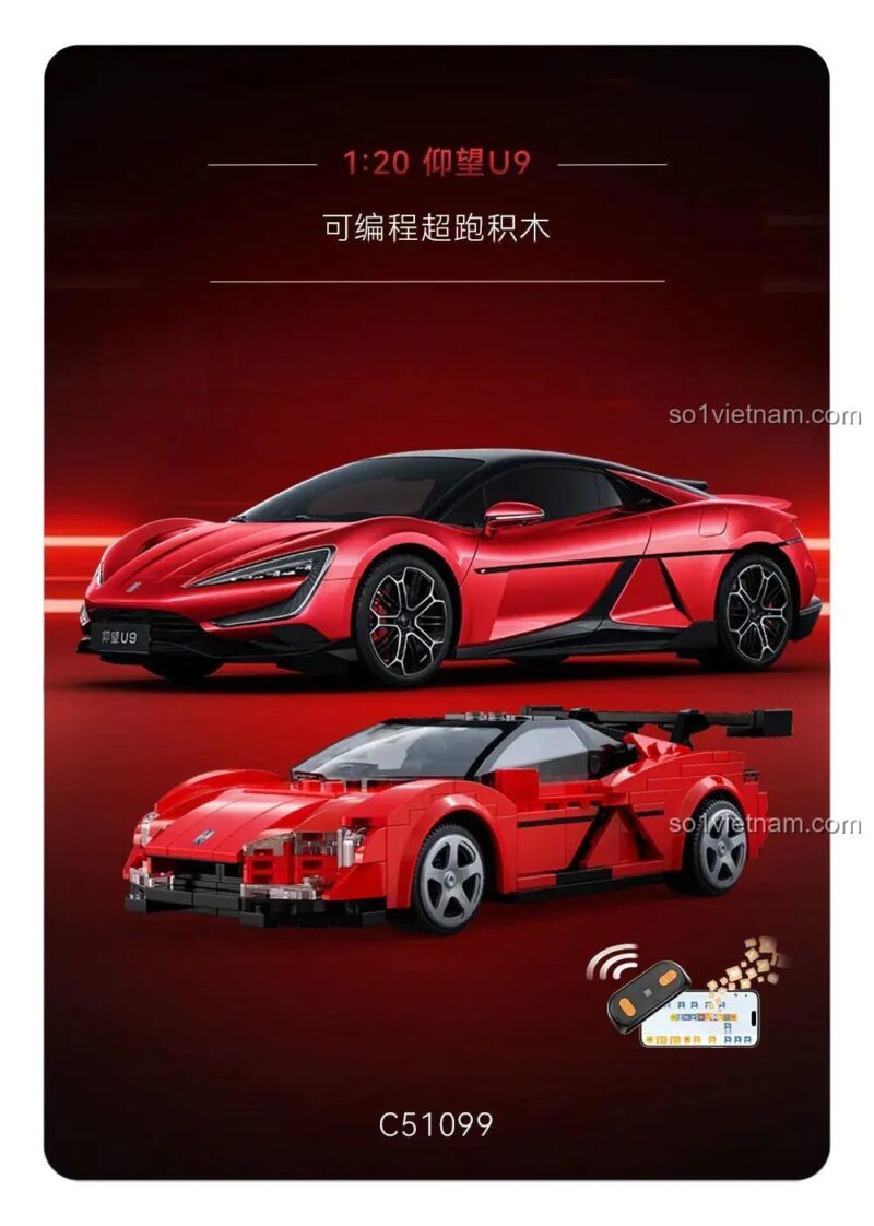 Bộ lắp ghép xe siêu xe 仰望 U9 CaDA C51099, tỉ lệ 1:20, điều khiển từ xa, đồ chơi giáo dục cho bé trai