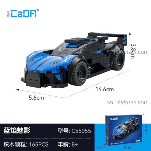 Hình ảnh thể hiện kích thước chi tiết của đồ chơi mô hình Xe đua Bóng Ma Xanh C55055 và hộp sản phẩm, cho thấy sự nhỏ gọn và tinh tế.