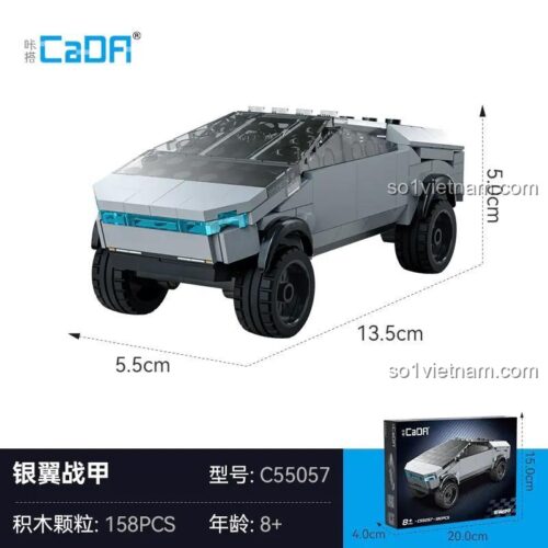 Kích thước chi tiết của bộ lắp ráp Xe bán tải điện Cybertruck C55057 và hộp sản phẩm, đồ chơi mô hình CaDA cho con trai.