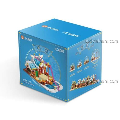 Hộp sản phẩm Mộng Ảo Tây Du: Trường An Thành Nhuộm Phường CaDA C67004, bộ lắp ghép kiến trúc cổ Trung Hoa, 487 chi tiết, độ tuổi 8+, màu sắc chủ đạo trắng, xanh dương, cam, nâu, vàng, kích thước hộp 15.5x15.5x15.5 cm, giá tốt