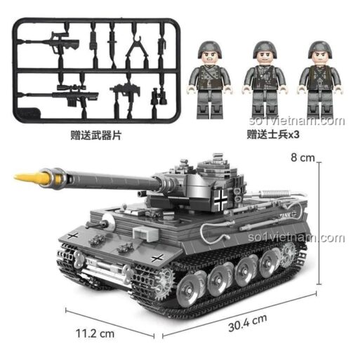 Bộ lắp ghép xe tăng Tiger CAYI 6804, mô hình xe tăng quân sự Tiger chi tiết cao, có 3 minifigures và vũ khí đi kèm, kích thước mô hình 30.4x11.2x8 cm, chất liệu nhựa ABS cao cấp, giá tốt