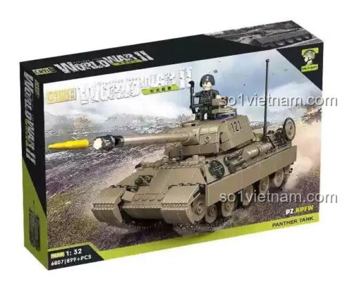 Hộp sản phẩm bộ lắp ghép xe tăng Panther CAYI 6807, tỉ lệ 1:32, 899 mảnh, có minifigure, bắn đạn nhựa, đồ chơi giáo dục cho bé trai 6 tuổi