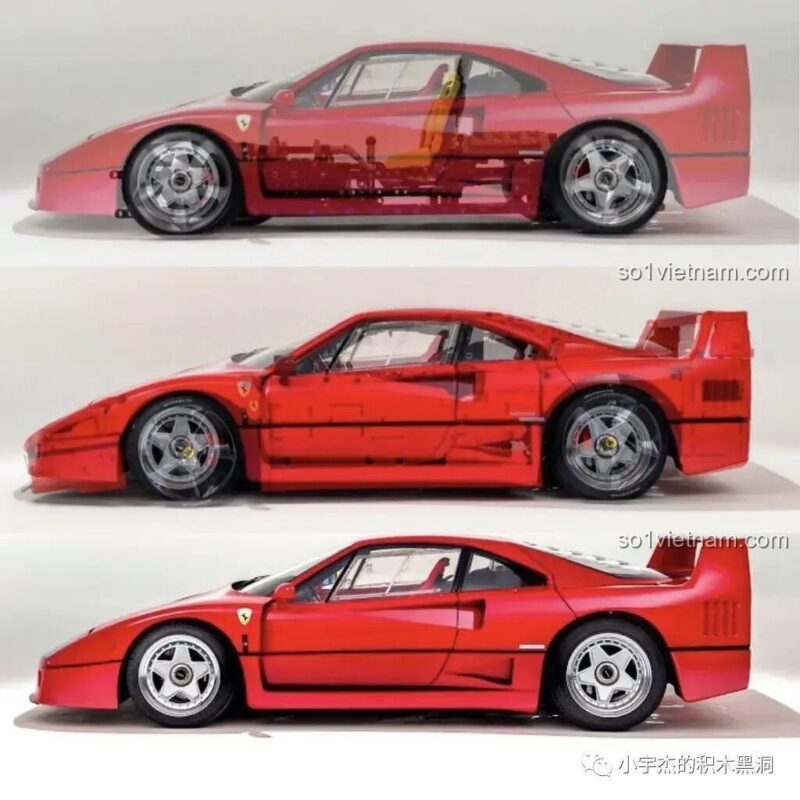 Hình ảnh so sánh đồ chơi mô hình CBOX X001 và xe Ferrari F40 thật, thể hiện độ chi tiết cao của bộ xếp hình X001.