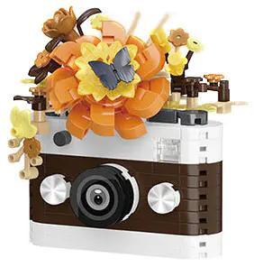 Máy ảnh "Bó Cúc Ứng Dụng" 潮乐创 7442, bộ lắp ghép mini block, 251 mảnh, thiết kế độc đáo với hoa và bướm, màu nâu, trắng, cam, vàng, phù hợp cho bé gái 6 tuổi, đồ chơi sáng tạo, trang trí bàn làm việc