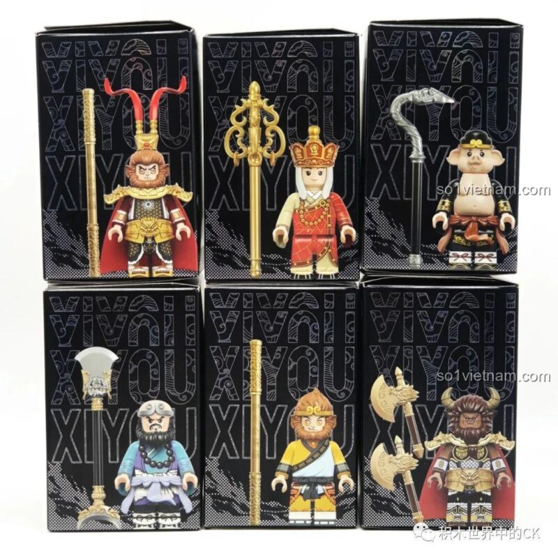 Các minifigures nhân vật Tây Du Ký từ hãng Chaoqiqu, bao gồm Tôn Ngộ Không, Đường Tăng, Trư Bát Giới, Sa Tăng.