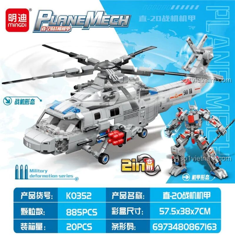 Chi tiết hộp sản phẩm bộ lắp ghép K0352 Trực thăng vũ trang và Robot chiến đấu 2 trong 1, 885 chi tiết, cho bé 6 tuổi