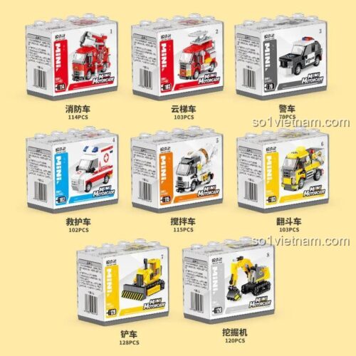 Hộp sản phẩm bộ đồ chơi lắp ghép 8 mẫu xe Chizao She 2208-1, đồ chơi giáo dục cho bé trai 8 tuổi, giá rẻ