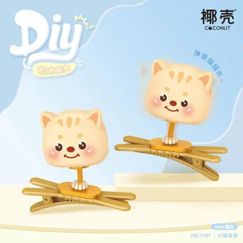 Kẹp tóc lắp ghép hình mèo Coconut 7107 với đầu mèo lắc lư vui nhộn, màu vàng hồng, phù hợp cho bé gái 3 tuổi, đồ chơi sáng tạo, kẹp tóc DIY