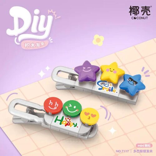 Bộ kẹp tóc bạc hình sao và biểu tượng cảm xúc vui nhộn, Kẹp tóc bạc Dopamine Coconut 7117 cho bé gái 6 tuổi, Đồ chơi lắp ghép phụ kiện tóc sáng tạo