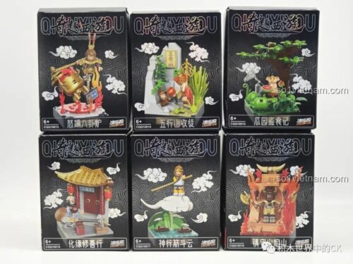 Hộp sản phẩm của bộ đồ chơi Tề Thiên Đại Thánh Nổi Giận Đá Lò Bát Quái và các bộ khác trong series Tây Du Ký của CoolFun.