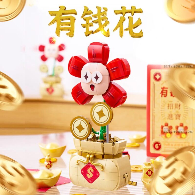 Ảnh quảng cáo của đồ chơi mô hình Chậu hoa may mắn CQQ1007, với các đồng tiền vàng bay xung quanh, phù hợp cho cả con trai và con gái.