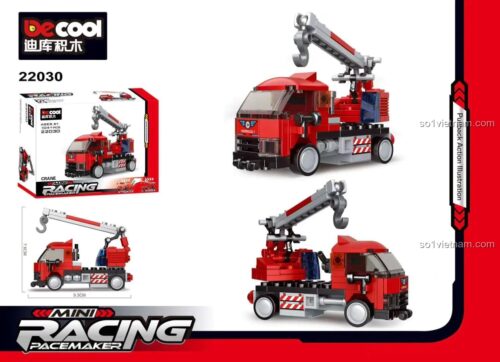 đồ chơi lắp ráp DECOOL 22030 Xe Cứu Hỏa Cần Cẩu Hồi Lực với kích thước mô hình và hộp rõ ràng, phù hợp bé trai 6 tuổi