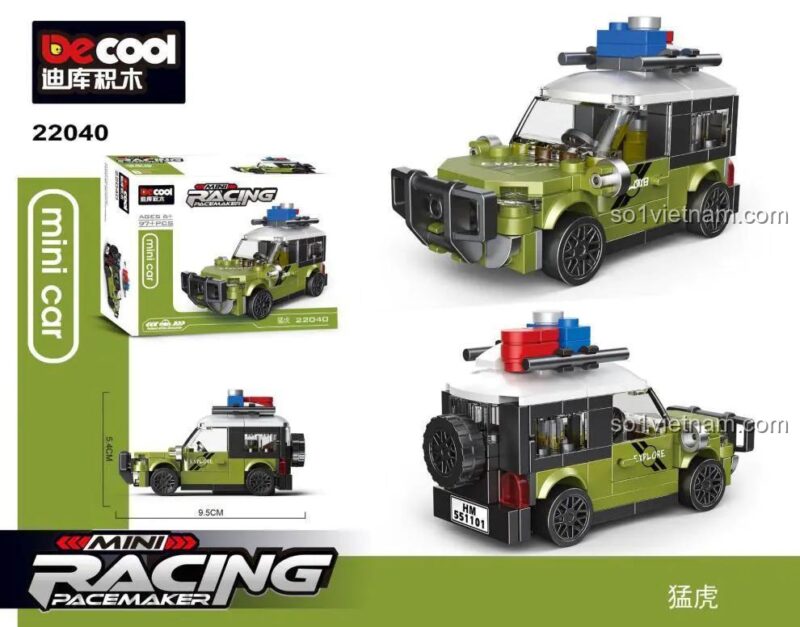 Hộp đồ chơi mô hình DECOOL 22040 Xe Kéo Lùi Mini, hiển thị kích thước mô hình và hộp, phù hợp bé trai 6 tuổi.