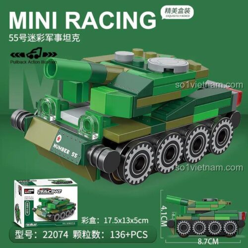 đồ chơi xây dựng 22074 Xe Tăng Kéo Lùi BrickCool mô hình mini có kích thước rõ ràng, phù hợp bé trai 6 tuổi