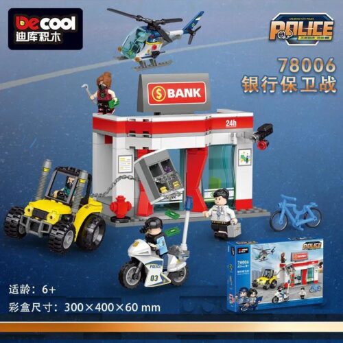 Bộ đồ chơi Decool 78006 Trận Chiến Bảo Vệ Ngân Hàng giá rẻ cho bé trai 6 tuổi, mô phỏng vụ cướp ngân hàng kịch tính với trực thăng và xe nâng.