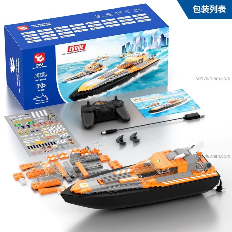 Bộ lắp ghép tàu cứu hộ điều khiển từ xa DIY V101, bao gồm các mảnh ghép, điều khiển từ xa, sách hướng dẫn, sticker, 145 mảnh, 4 mẫu lắp ráp, phù hợp cho bé trai 14 tuổi