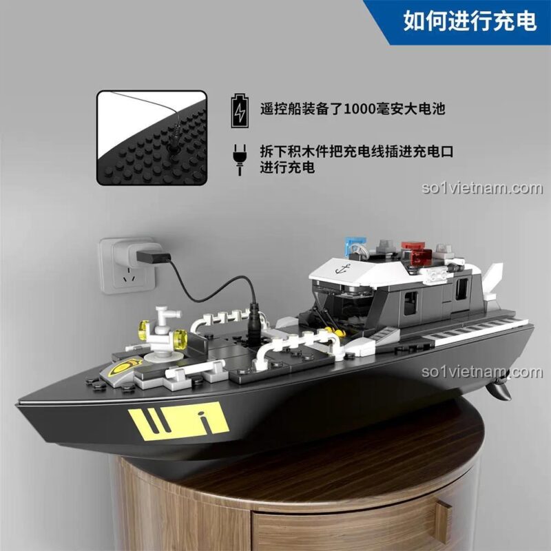 Hướng Dẫn Sạc Pin Thuyền Cảnh Sát Điều Khiển Từ Xa DIY V103, Mô Hình Tàu Cảnh Sát, Đồ Chơi Điều Khiển Từ Xa, Bộ Lắp Ghép Tàu Cảnh Sát, 162 Mảnh, Độ tuổi 14+