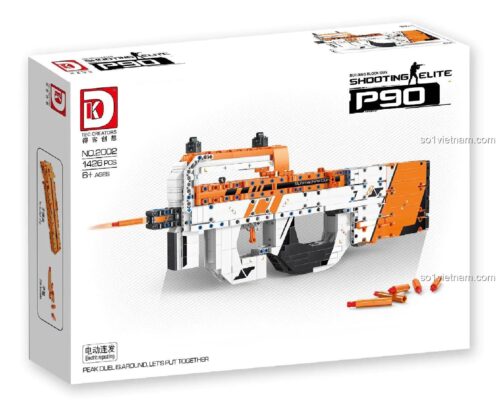 Hộp sản phẩm bộ lắp ráp súng P90 lắp ráp DK 2002 với 1426 chi tiết, có động cơ điện.