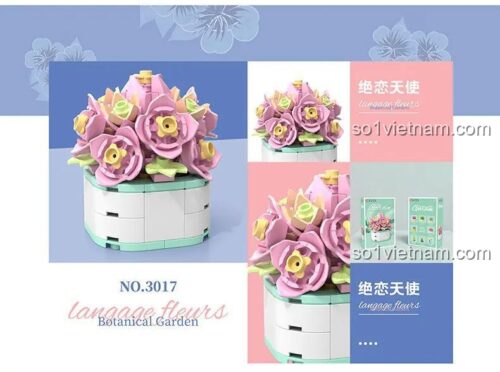 Đồ chơi mô hình Chậu cây để bàn DK 3017, bộ xếp hình hoa hồng đáng yêu cho con gái.