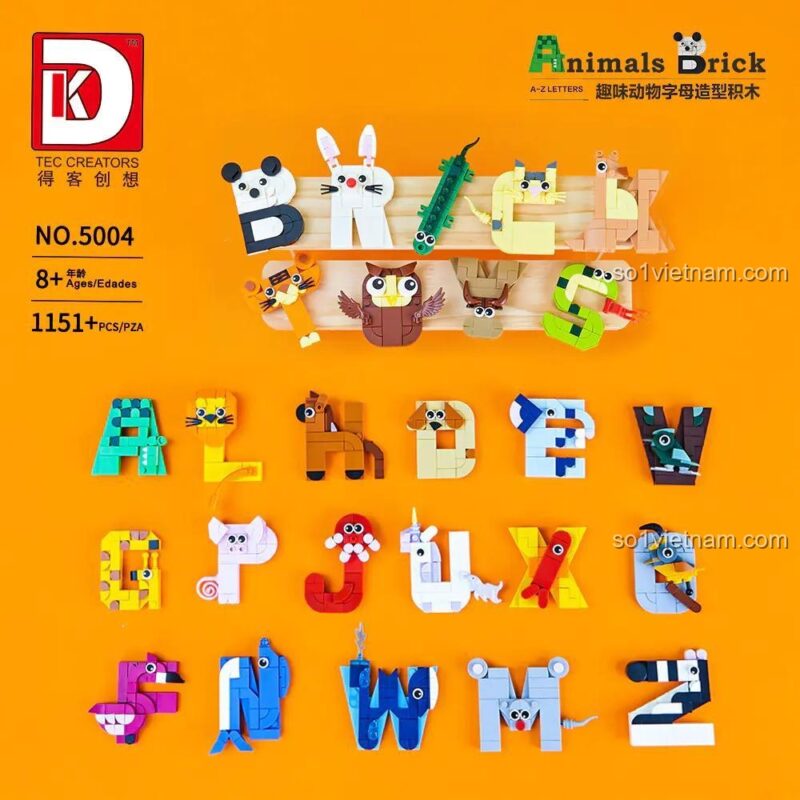 Các mô hình động vật từ bộ đồ chơi Bộ chữ cái ABC động vật được trưng bày đẹp mắt. Sản phẩm của DK, mã 5004, giá tốt.