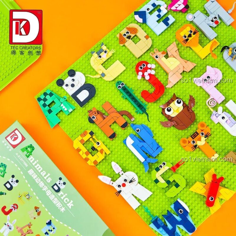 Toàn cảnh 26 chữ cái động vật được sắp xếp trên một tấm nền lớn, thể hiện sự đa dạng và sáng tạo của bộ đồ chơi giáo dục DK.