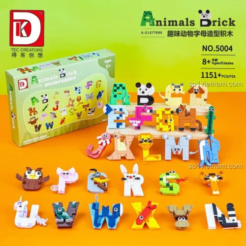 Toàn bộ 26 chữ cái hình con vật từ bộ xếp hình 5004. Đồ chơi sáng tạo giúp bé nhận biết con vật và học chữ cái ABC.