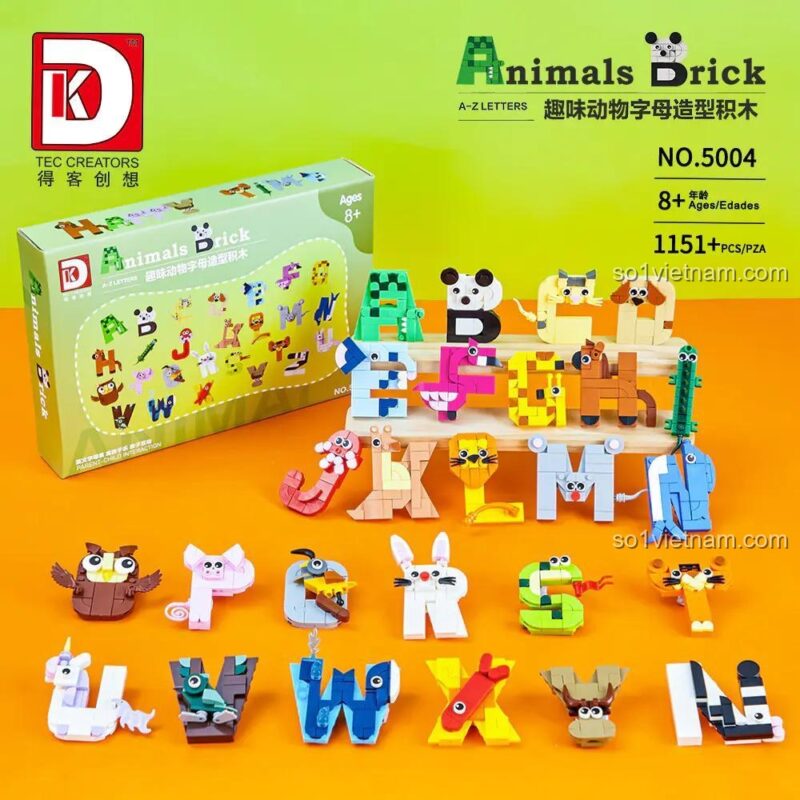 Toàn bộ 26 chữ cái hình con vật từ bộ xếp hình 5004. Đồ chơi sáng tạo giúp bé nhận biết con vật và học chữ cái ABC.