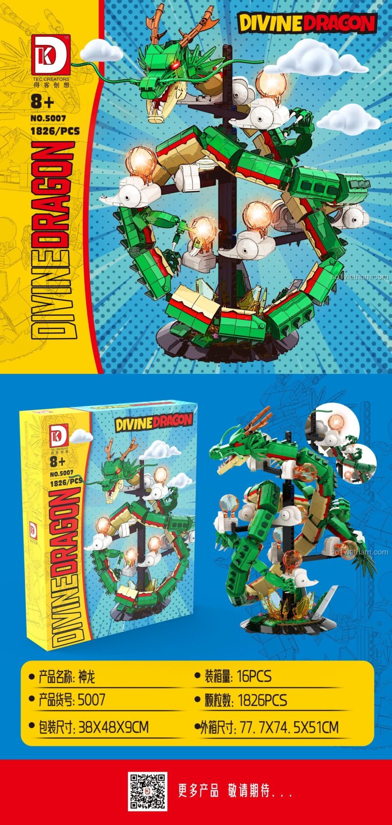 Thông số kỹ thuật chi tiết của bộ xếp hình DK 5007 Rồng Thần Shenron, bao gồm mã sản phẩm, số lượng 1826 mảnh và kích thước hộp 38x48x9cm.