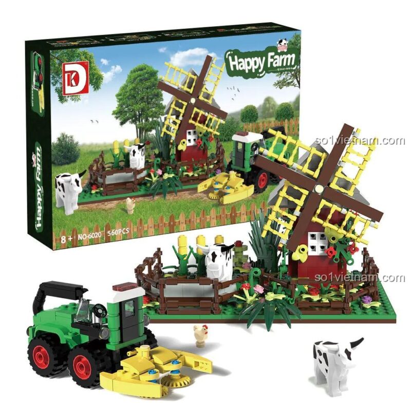 Bộ lắp ghép DK 6020 Happy Farm hoàn chỉnh, bao gồm cối xay gió, máy kéo, bò, gà và hàng rào, đồ chơi xây dựng 560 mảnh cho bé 8 tuổi