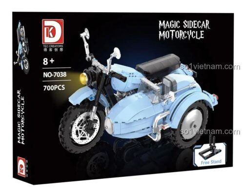 Hộp sản phẩm đồ chơi mô hình Xe sidecar phép thuật 7038, thể hiện hình ảnh sản phẩm và logo hãng DK, số chi tiết 700.
