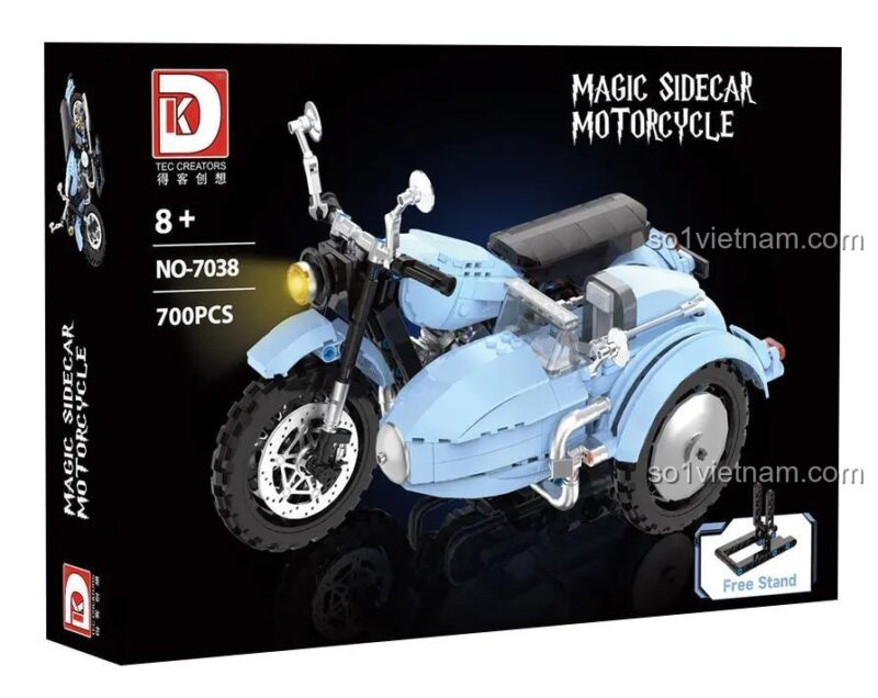 Hộp sản phẩm đồ chơi mô hình Xe sidecar phép thuật 7038, thể hiện hình ảnh sản phẩm và logo hãng DK, số chi tiết 700.