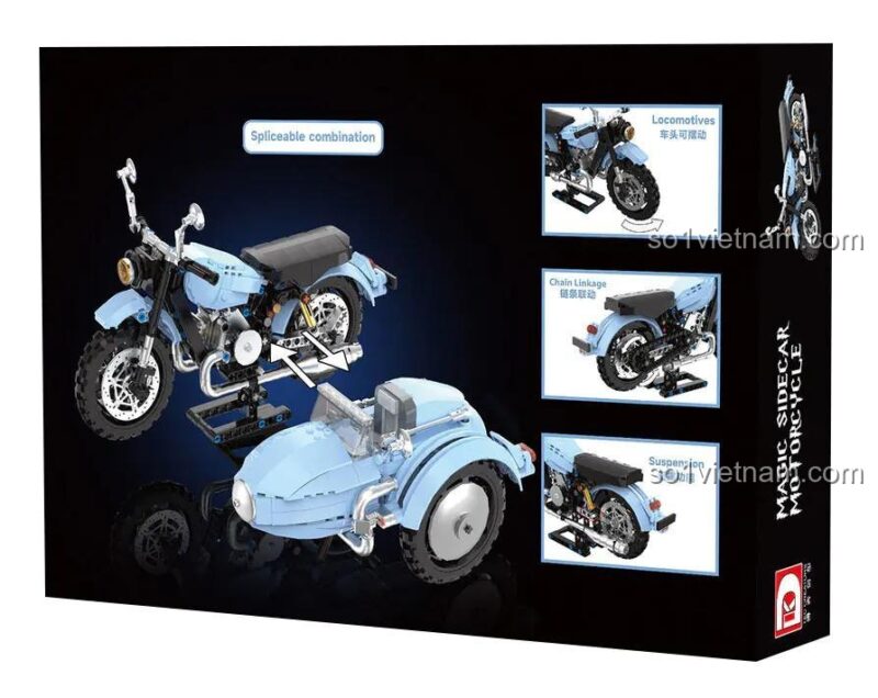 Mặt sau hộp bộ xếp hình DK 7038, mô tả các tính năng cơ khí nổi bật như hệ thống treo, xích tải và khả năng tháo rời sidecar.