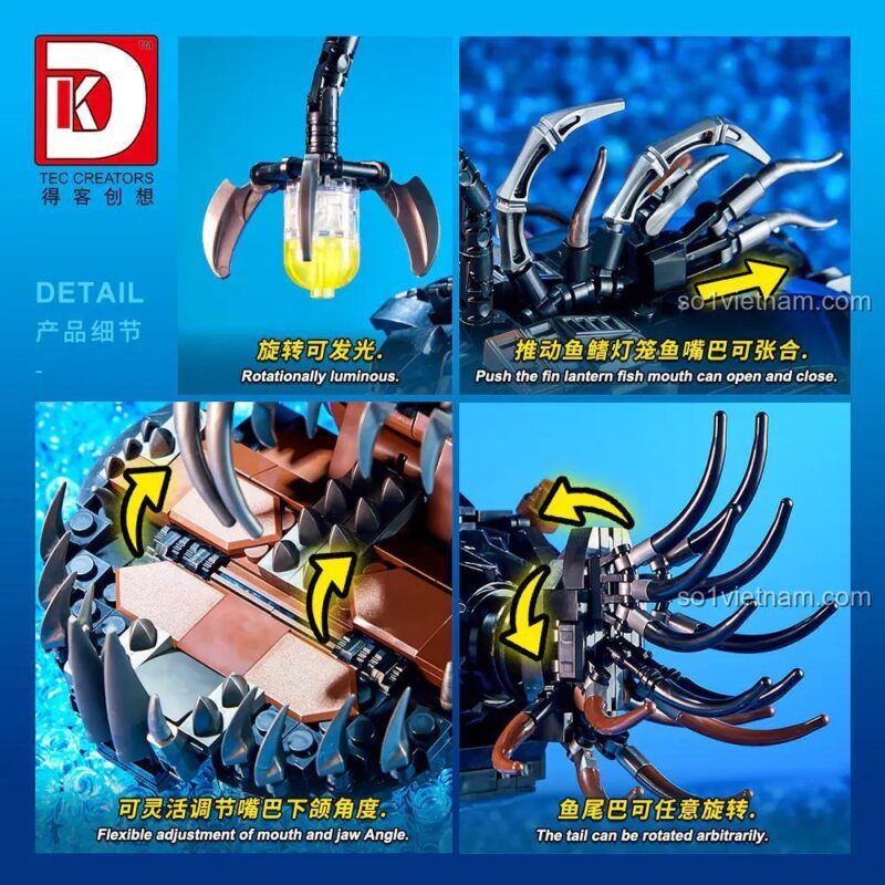 Chi tiết các tính năng cử động của Quái vật biển sâu cơ khí DK 7042: đèn xoay phát sáng, miệng đóng mở, hàm và đuôi linh hoạt.