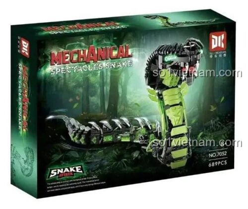 Hộp sản phẩm Rắn Cơ Khí DK 7052, có hình ảnh mô hình rắn máy, 689 mảnh ghép, độ tuổi 8+, đồ chơi giáo dục
