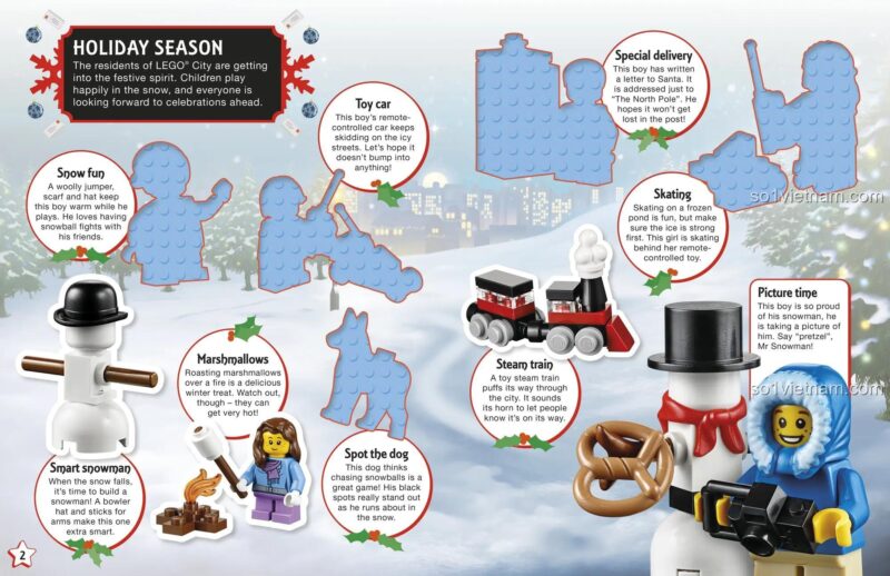 Bộ sưu tập sticker DK, cảnh lễ hội mùa đông với minifigure, xe đồ chơi, tàu hỏa, người tuyết, kích thích sáng tạo cho bé 6 tuổi.
